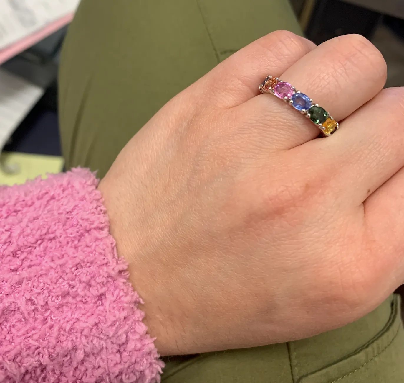 Platinum Rainbow Sapphire Oval Cut Eternity Ring