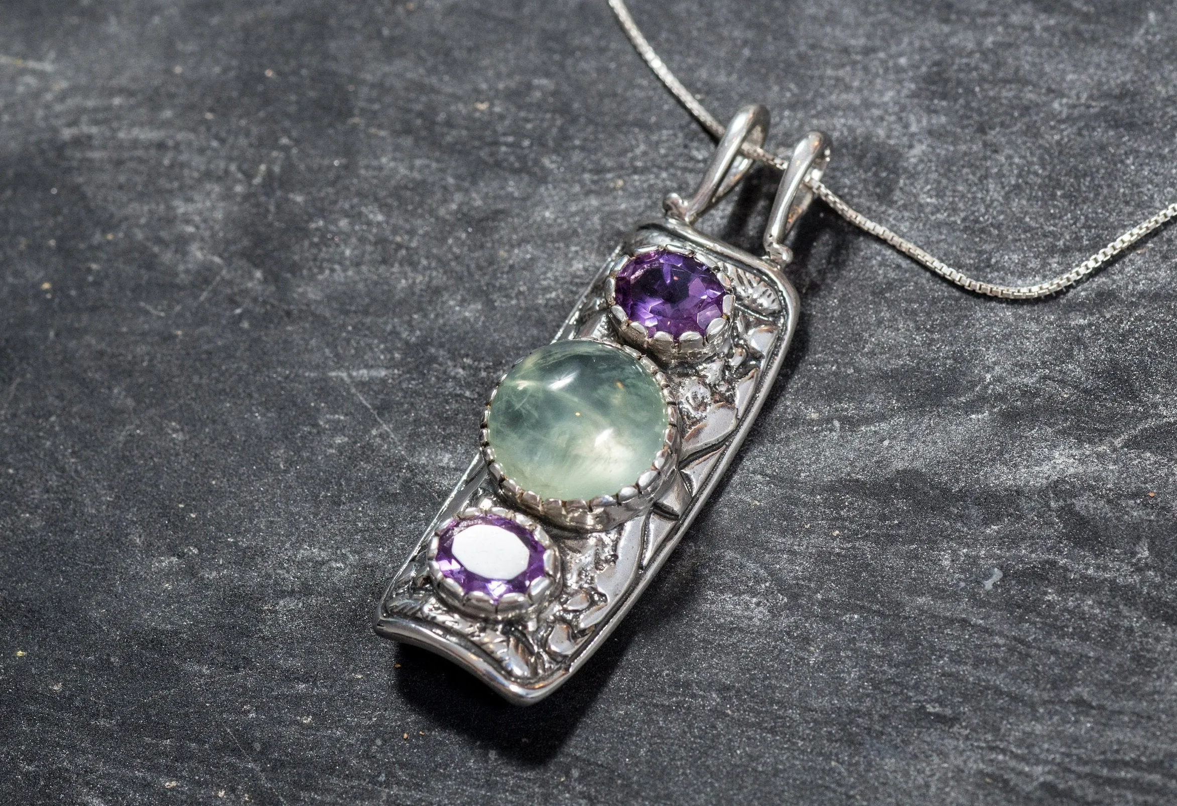 Prehnite Pendant - Ancient Amethyst Necklace - Silver Tribal Necklace