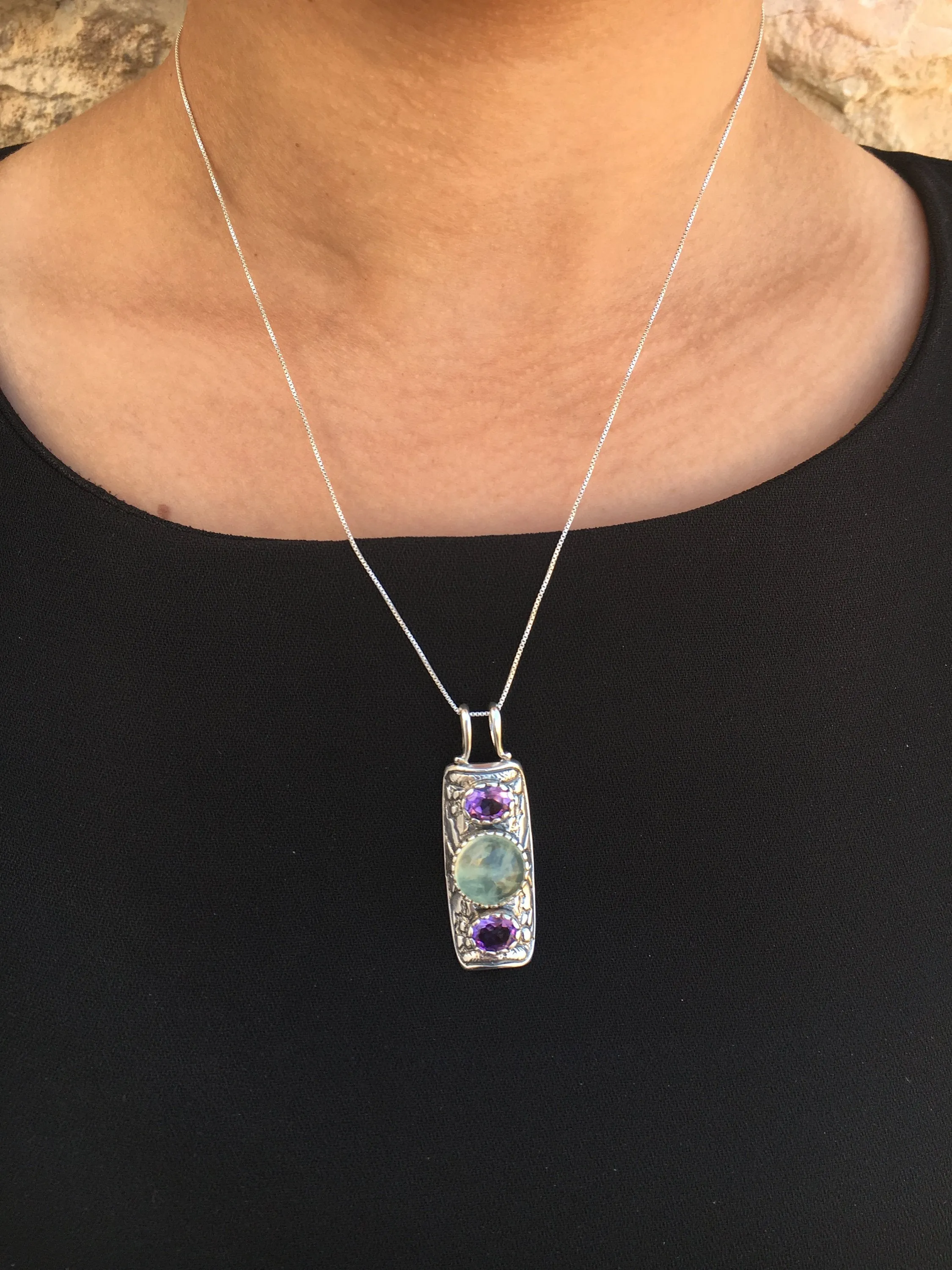 Prehnite Pendant - Ancient Amethyst Necklace - Silver Tribal Necklace