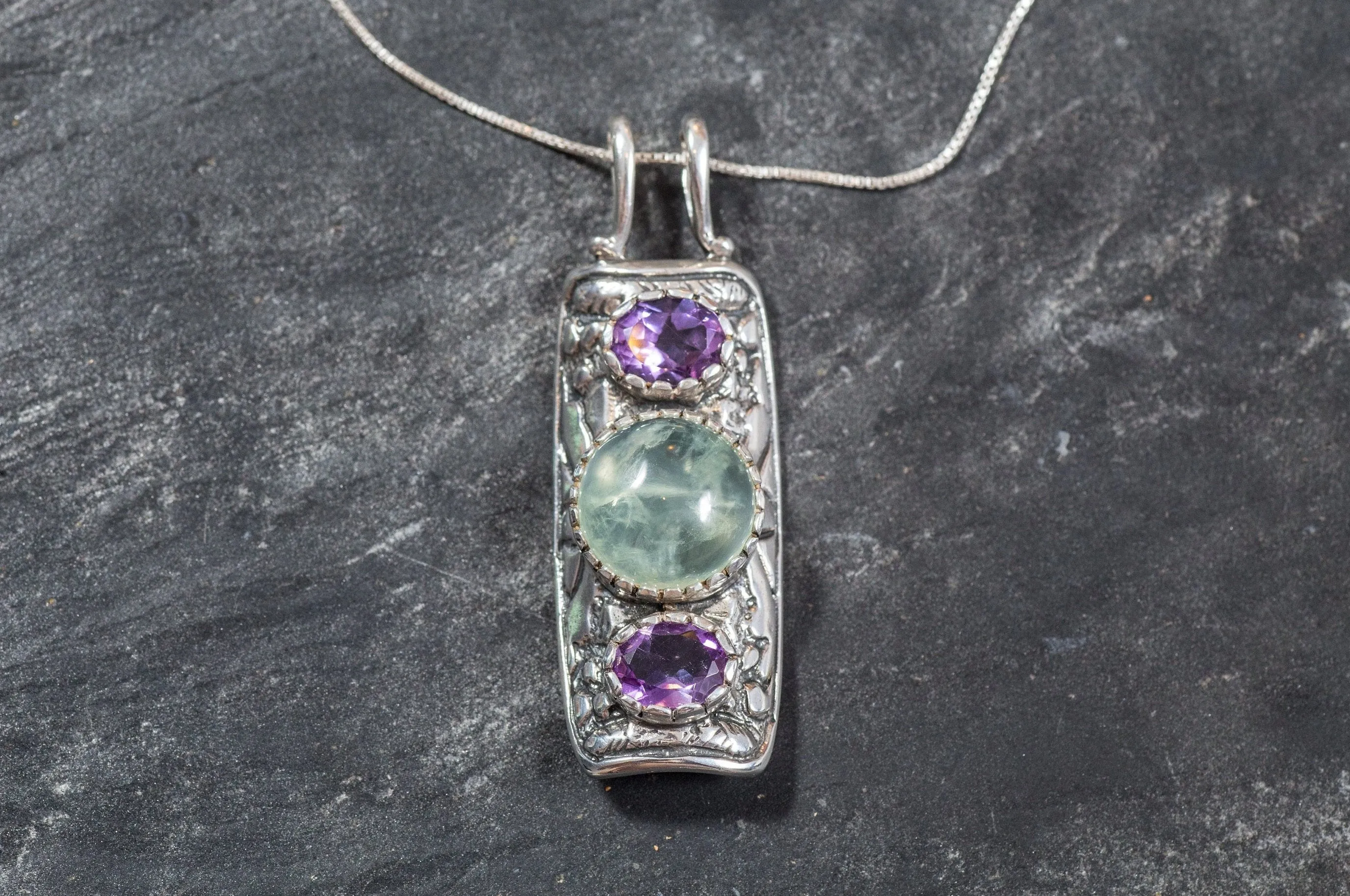 Prehnite Pendant - Ancient Amethyst Necklace - Silver Tribal Necklace