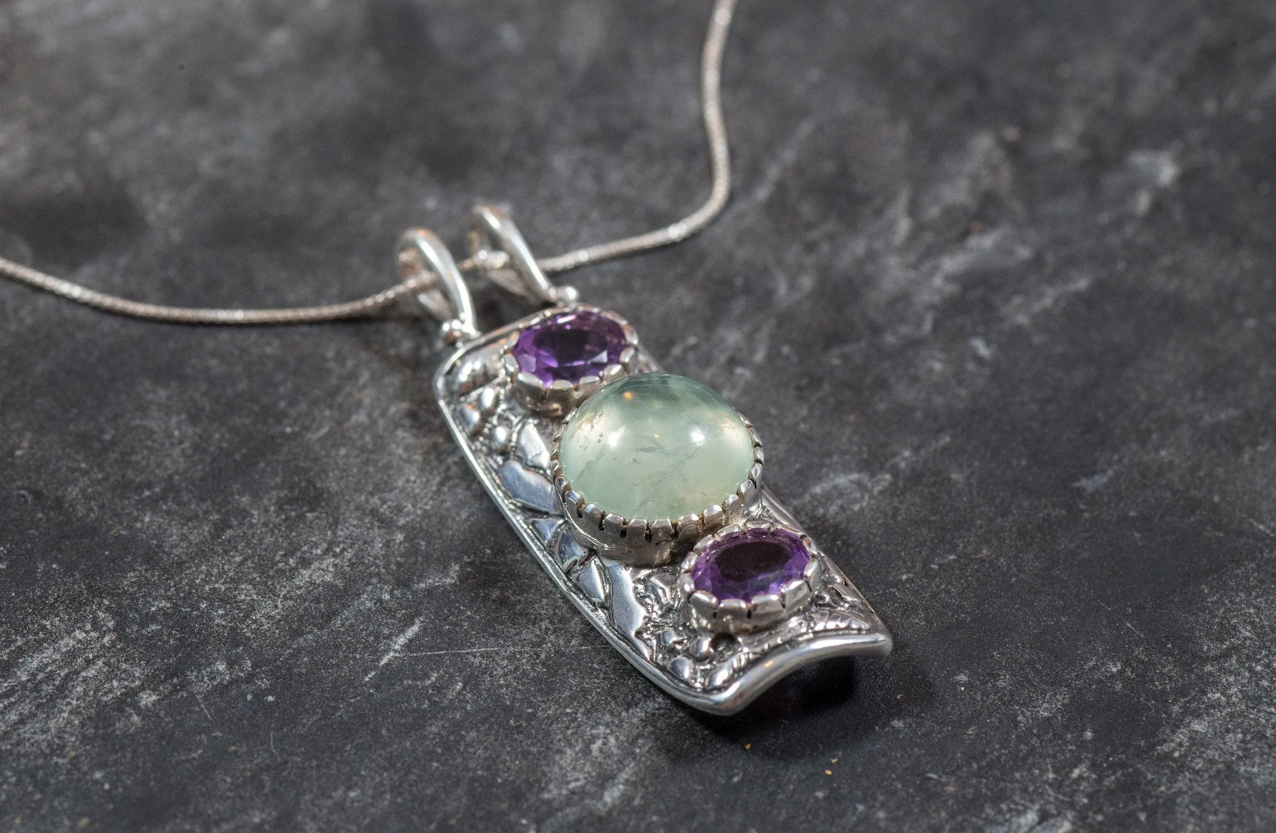 Prehnite Pendant - Ancient Amethyst Necklace - Silver Tribal Necklace