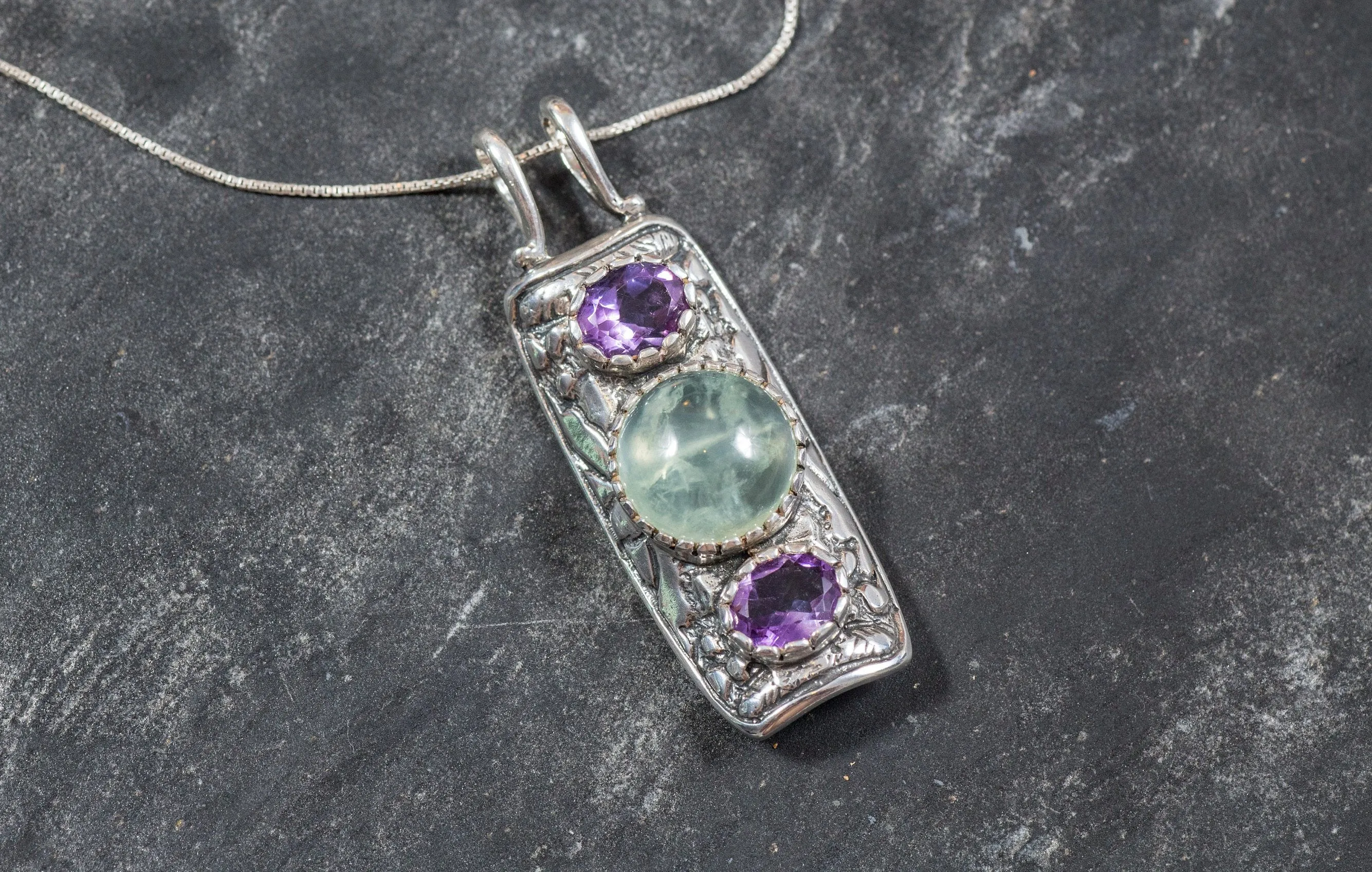 Prehnite Pendant - Ancient Amethyst Necklace - Silver Tribal Necklace