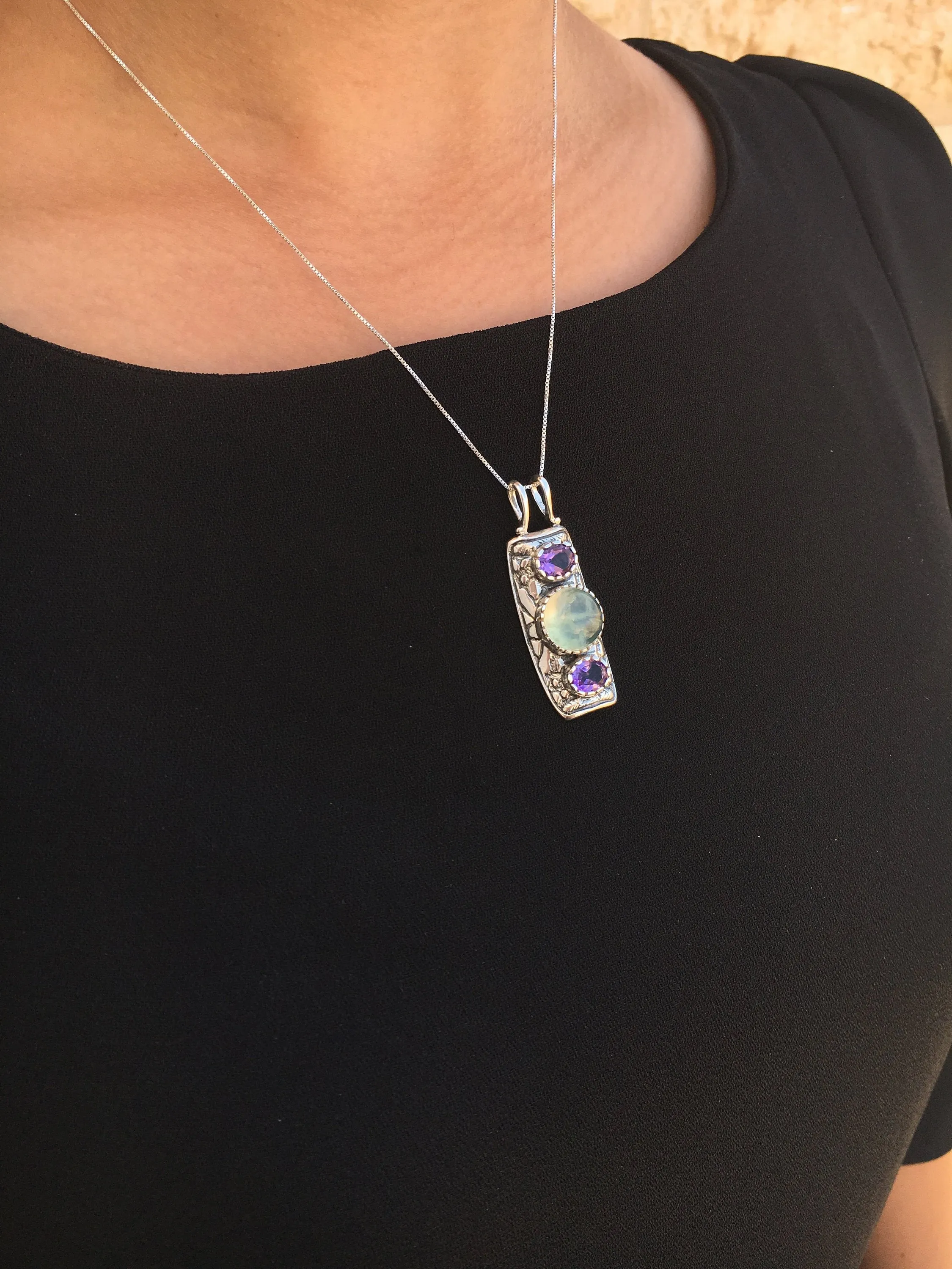 Prehnite Pendant - Ancient Amethyst Necklace - Silver Tribal Necklace