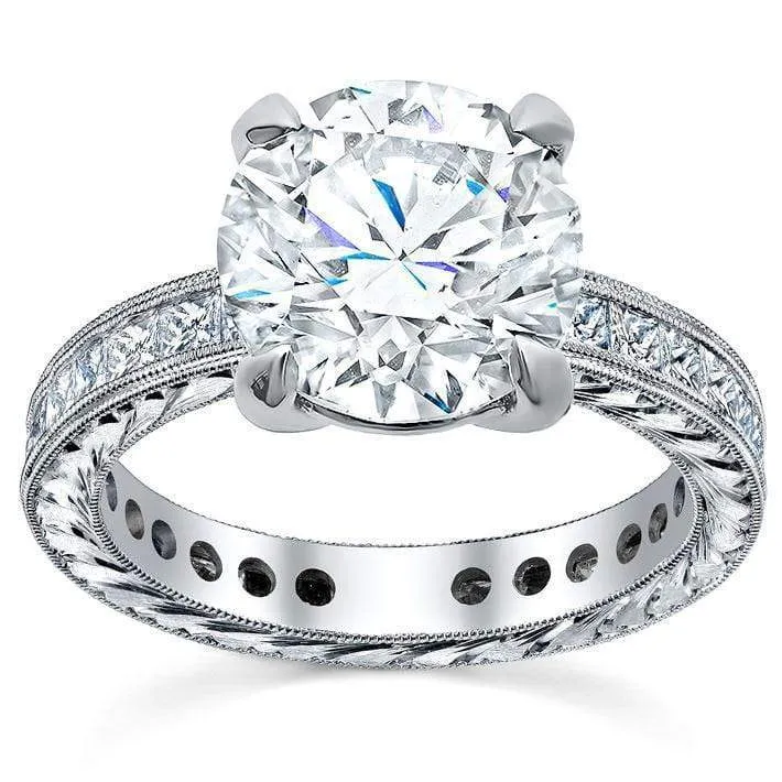 Princess Diamond Accented Hand-Engraved Engagement Ring