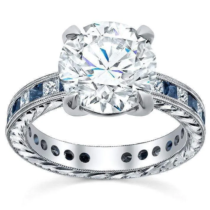 Princess Diamond Accented Hand-Engraved Engagement Ring