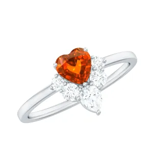 Prong Set Created Orange Sapphire Heart Ring with Diamond