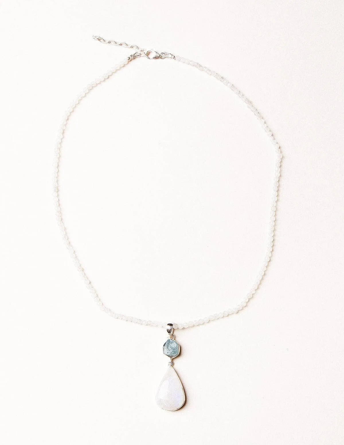 Rainbow Moonstone and Raw Aquamarine on Moonstone Bead Necklace - One of a Kind