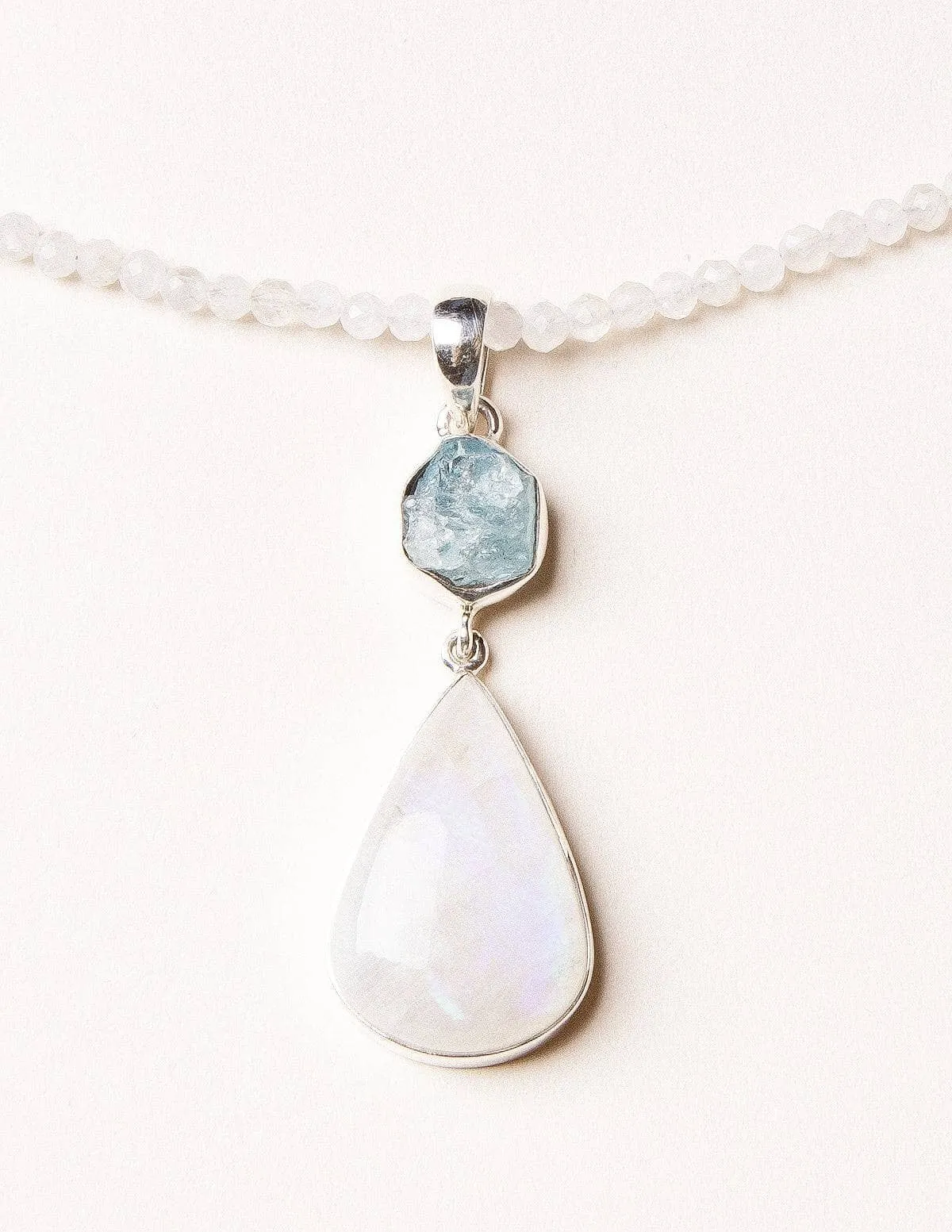 Rainbow Moonstone and Raw Aquamarine on Moonstone Bead Necklace - One of a Kind