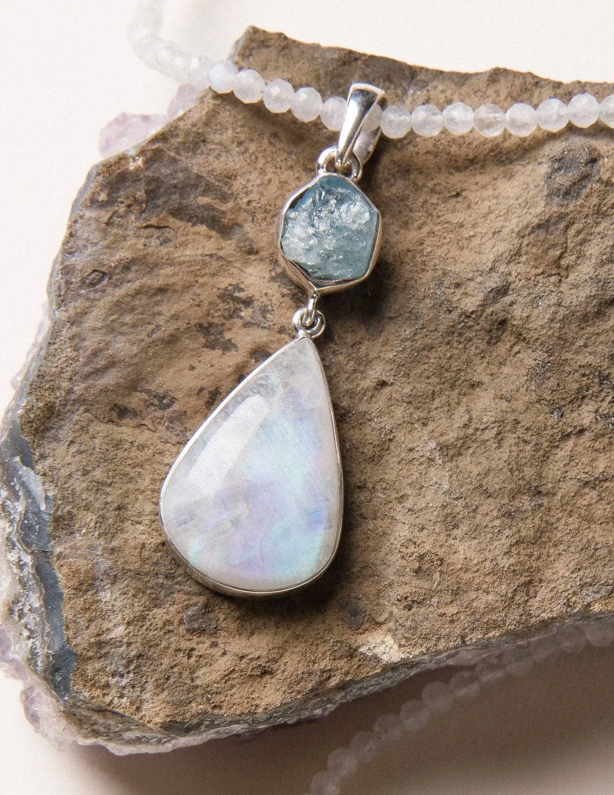 Rainbow Moonstone and Raw Aquamarine on Moonstone Bead Necklace - One of a Kind