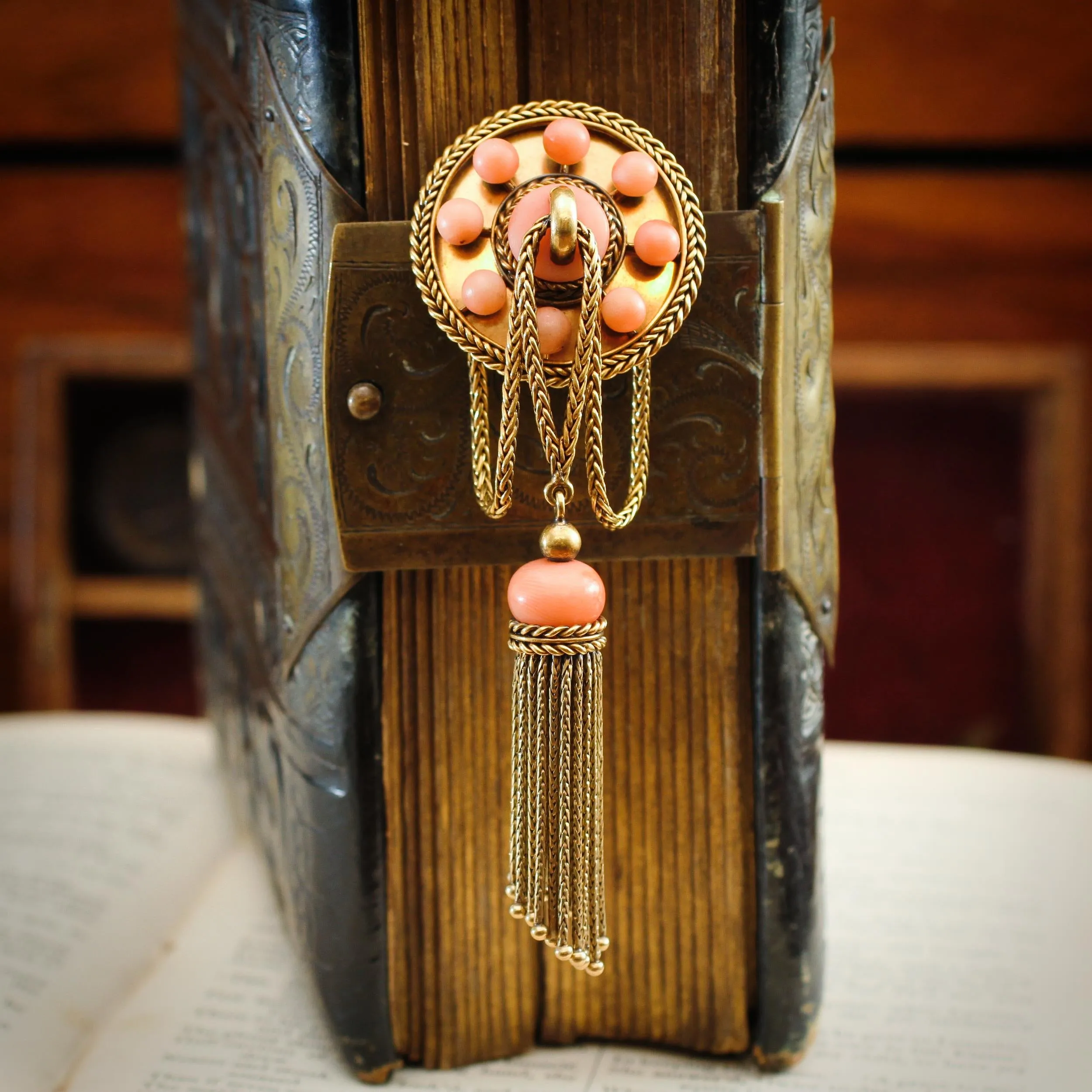 Rare Mid Victorian Archaeological Revival Draped Coral Brooch