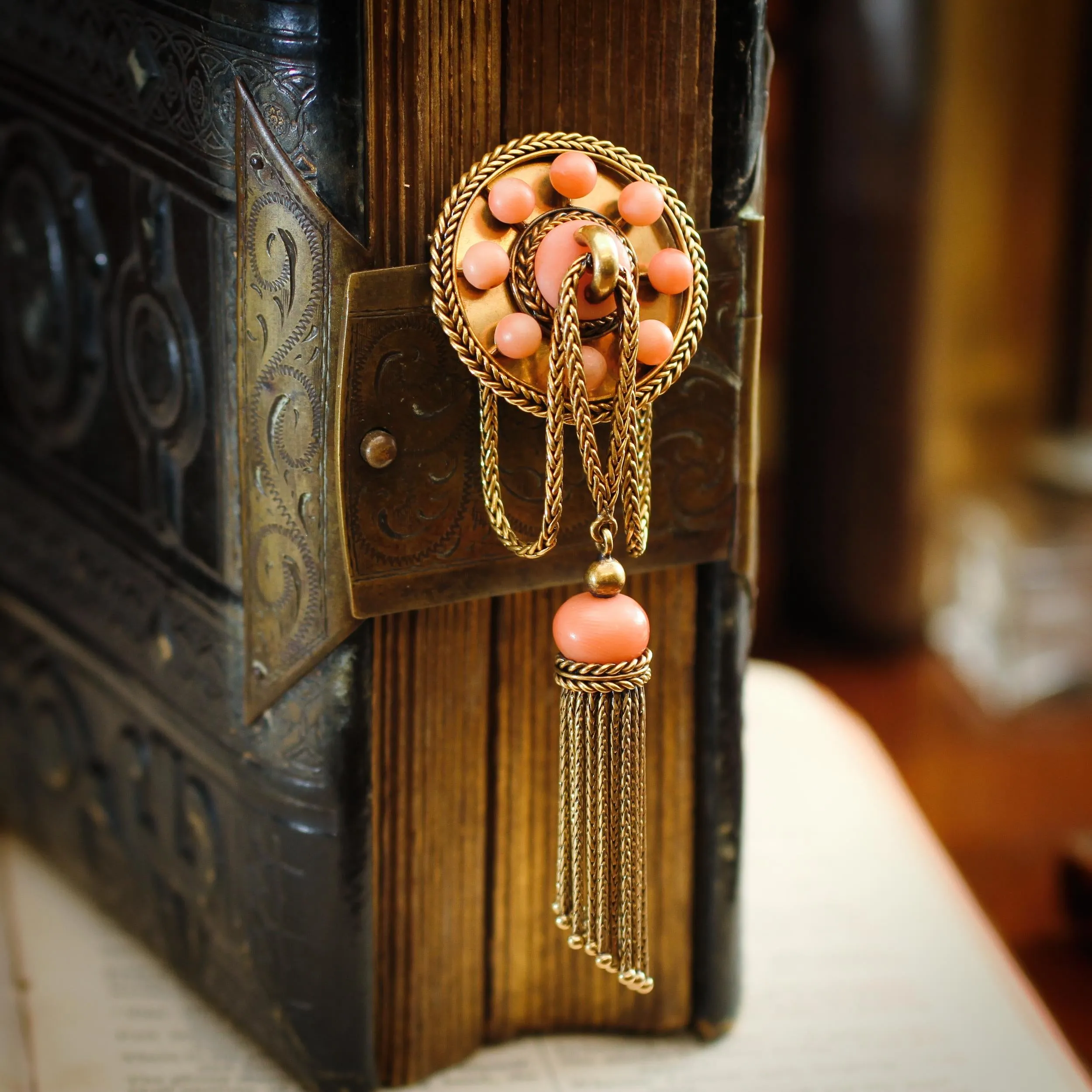 Rare Mid Victorian Archaeological Revival Draped Coral Brooch