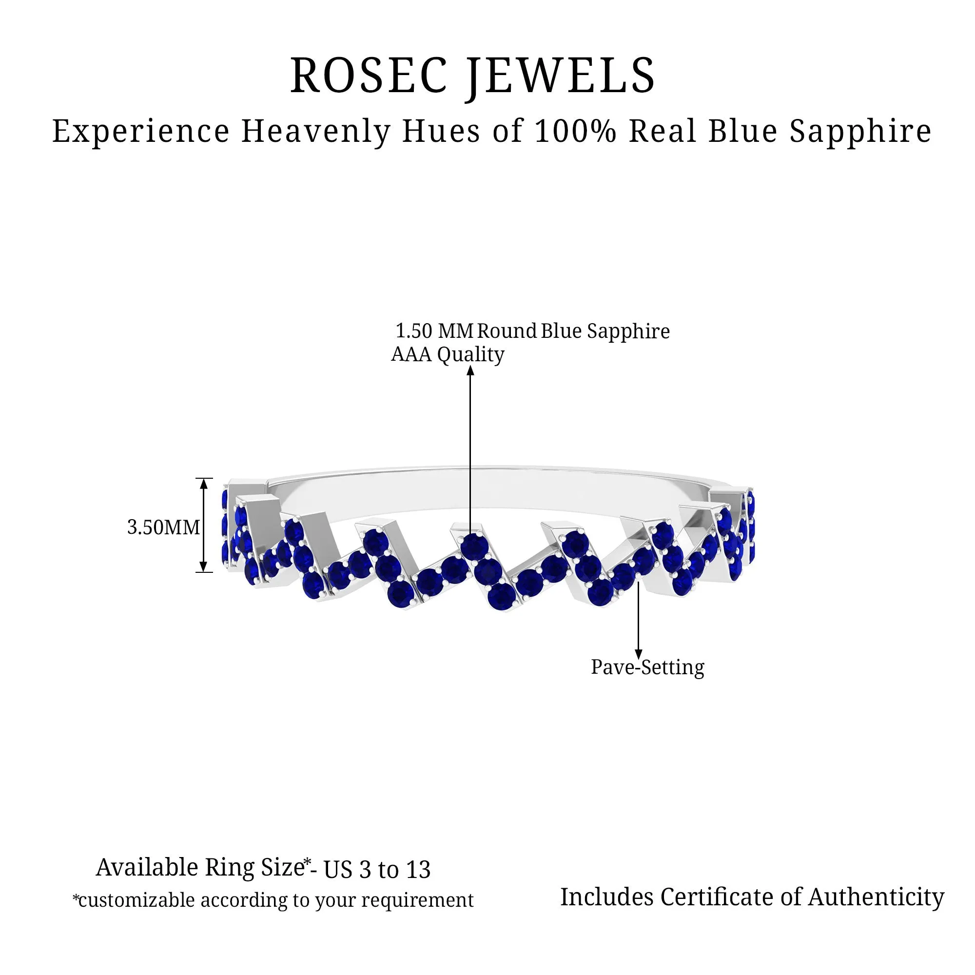 Real Blue Sapphire Zig Zag Semi Eternity Ring