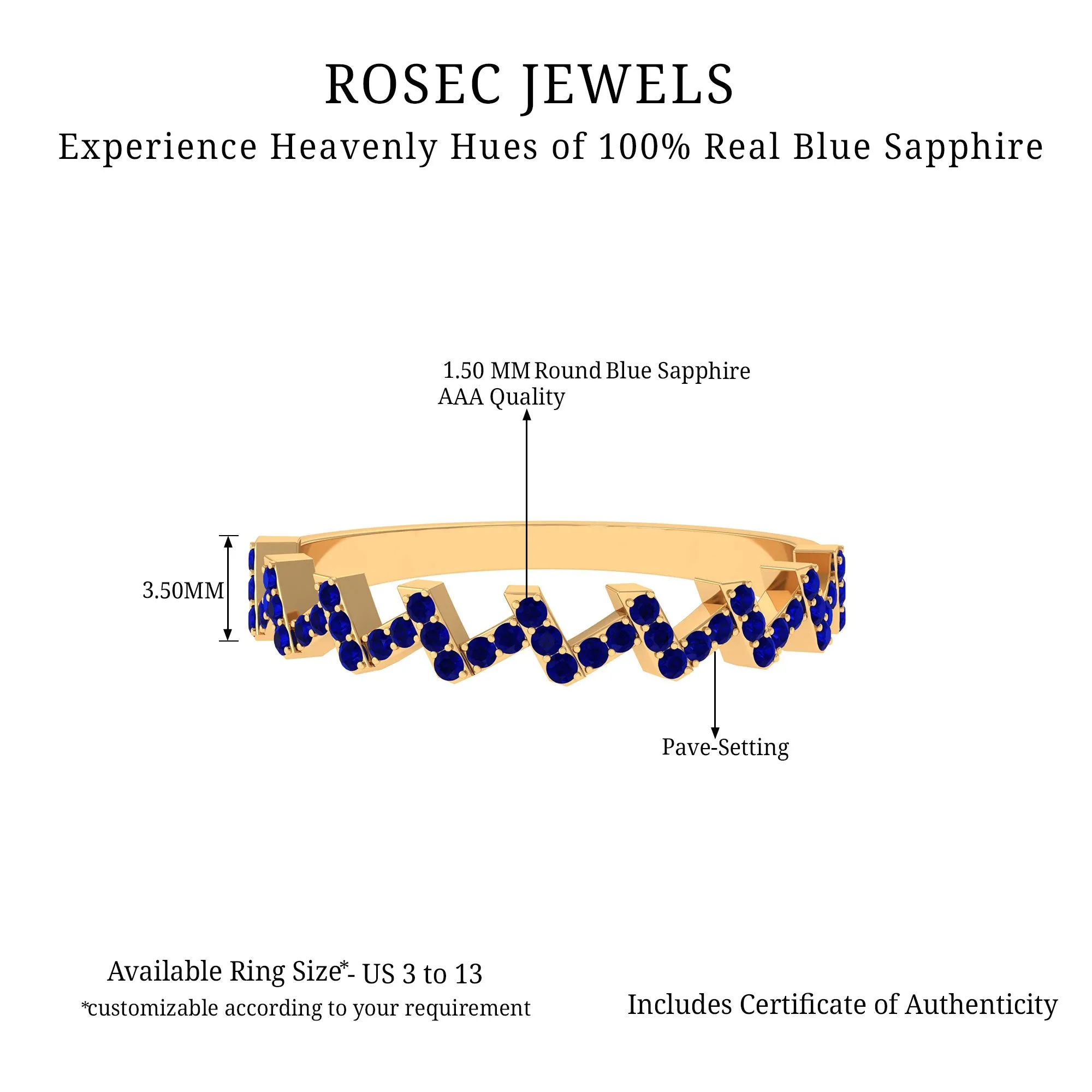 Real Blue Sapphire Zig Zag Semi Eternity Ring