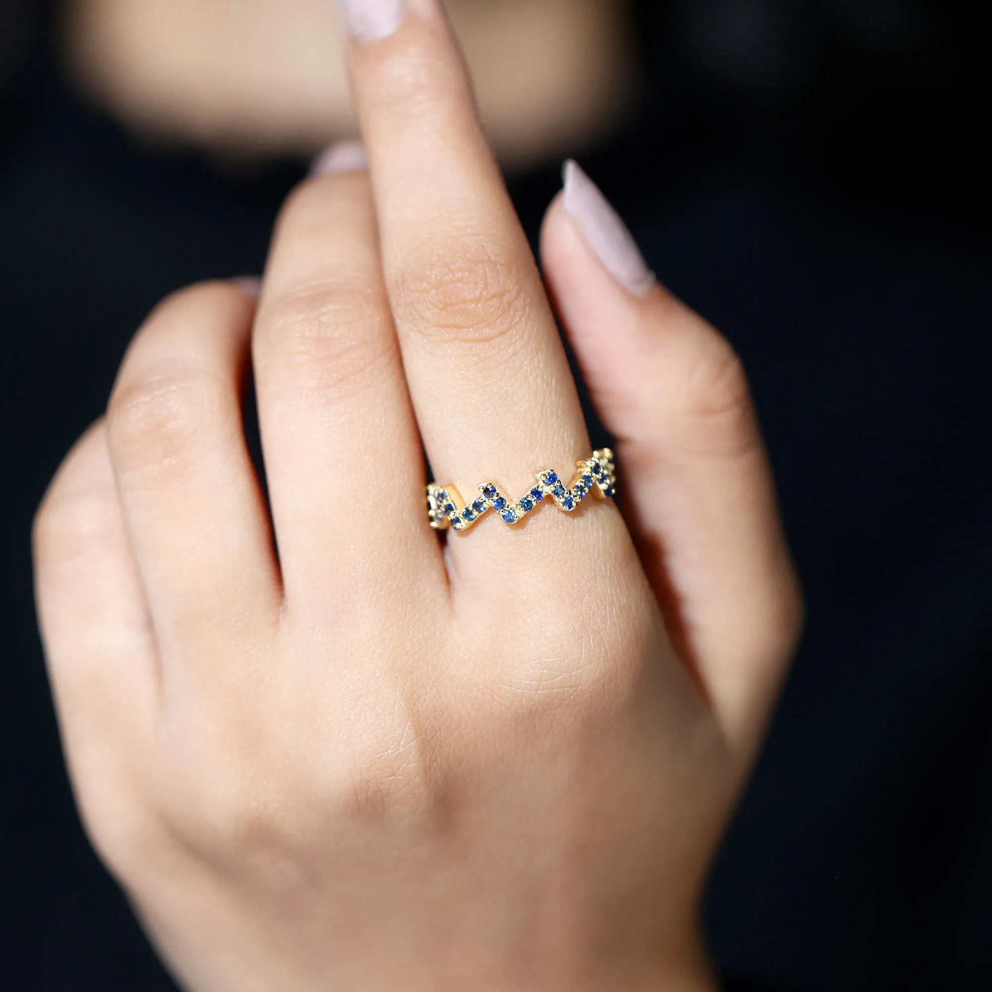 Real Blue Sapphire Zig Zag Semi Eternity Ring