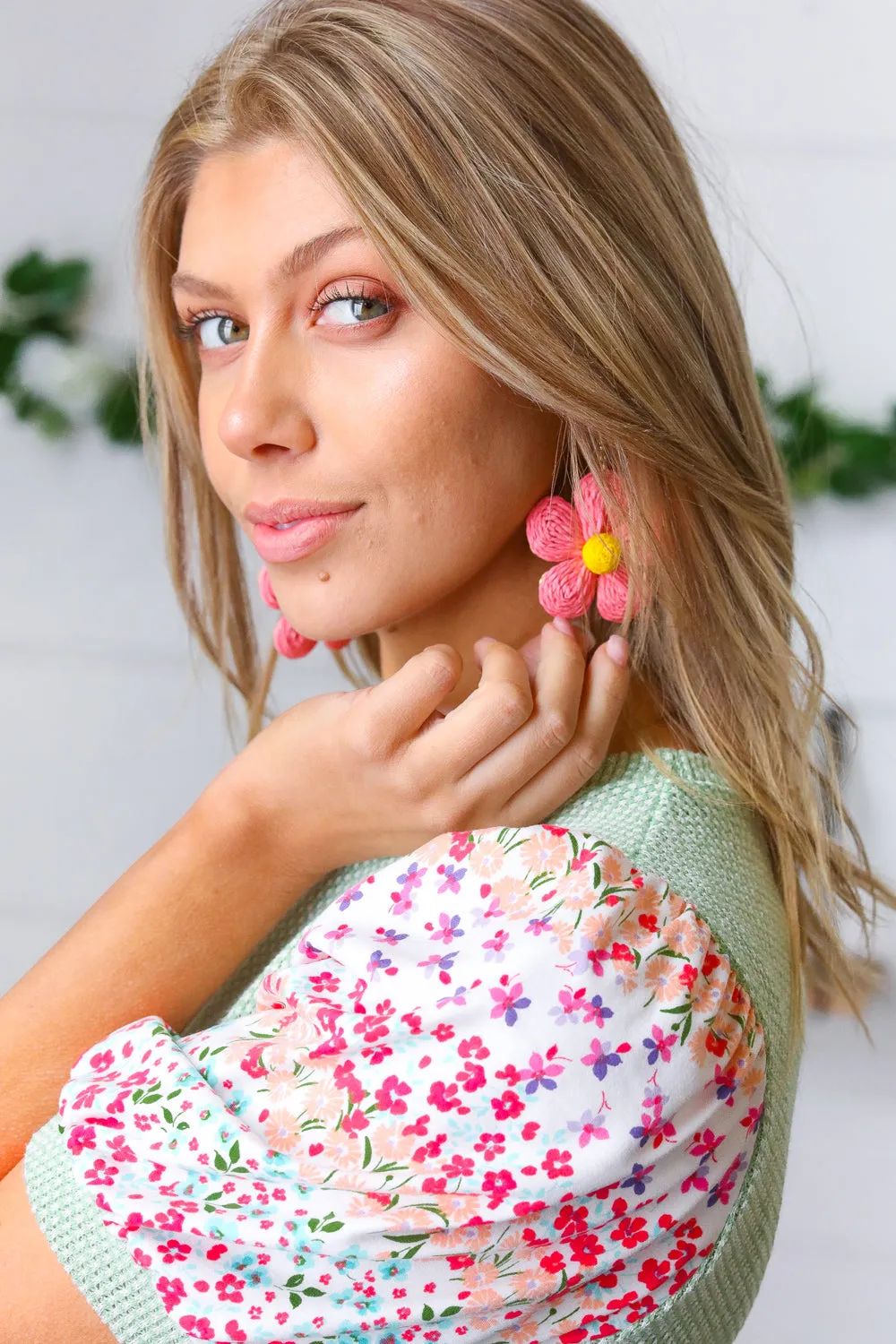 Rose Handwoven Straw Flower Dangle Earrings