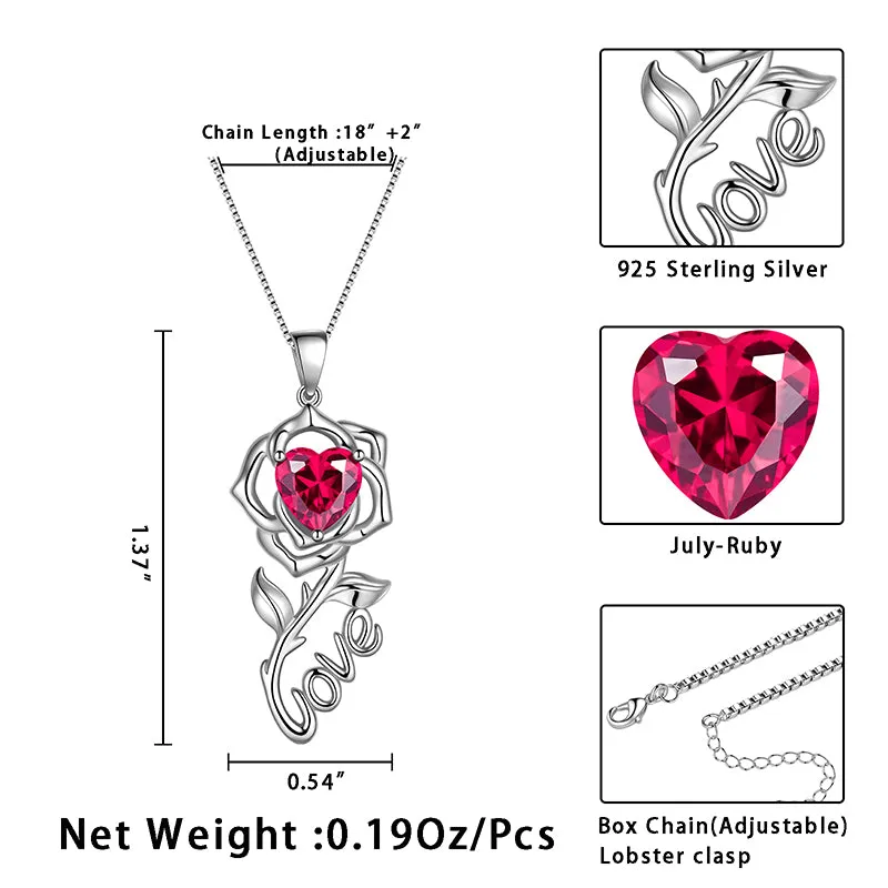 Rose Love Neckalce,925 Sterling Silver Birthstone Pendant Necklace Jewelry Gifts for Women