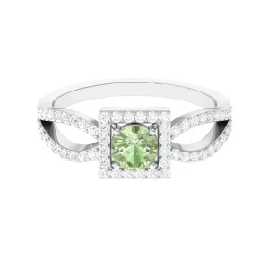 Round Green Sapphire and Diamond Halo Ring in Split Shank