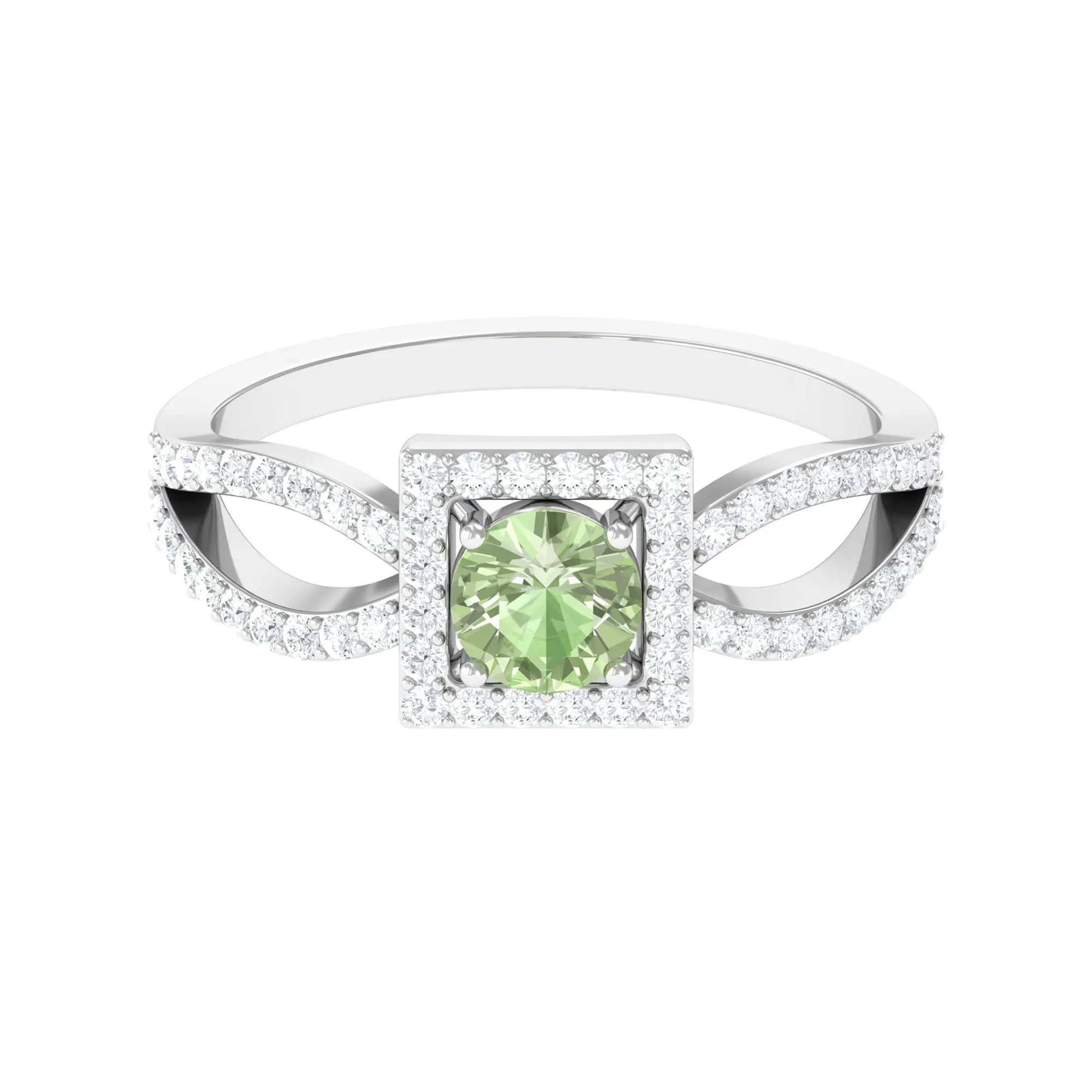 Round Green Sapphire and Diamond Halo Ring in Split Shank