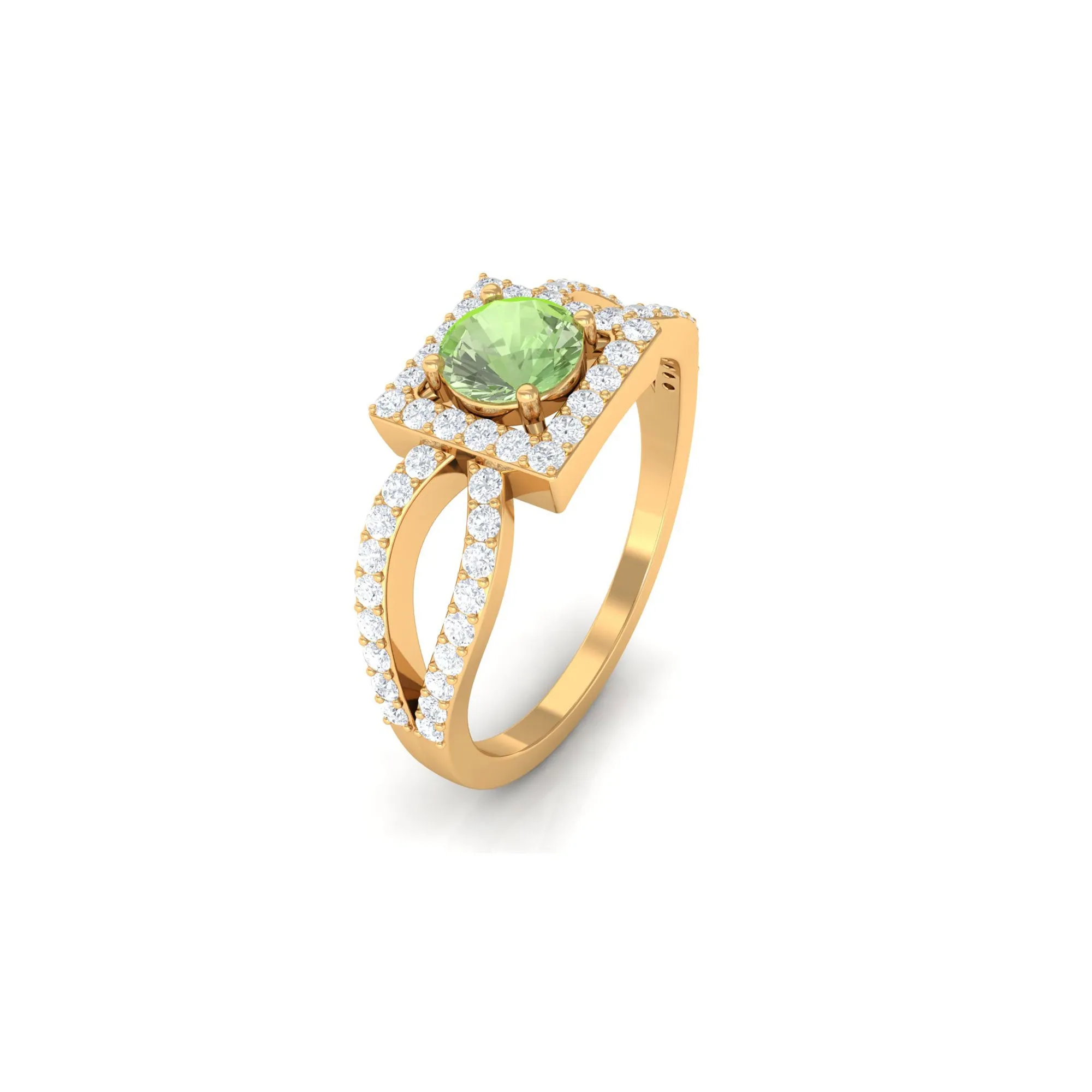 Round Green Sapphire and Diamond Halo Ring in Split Shank