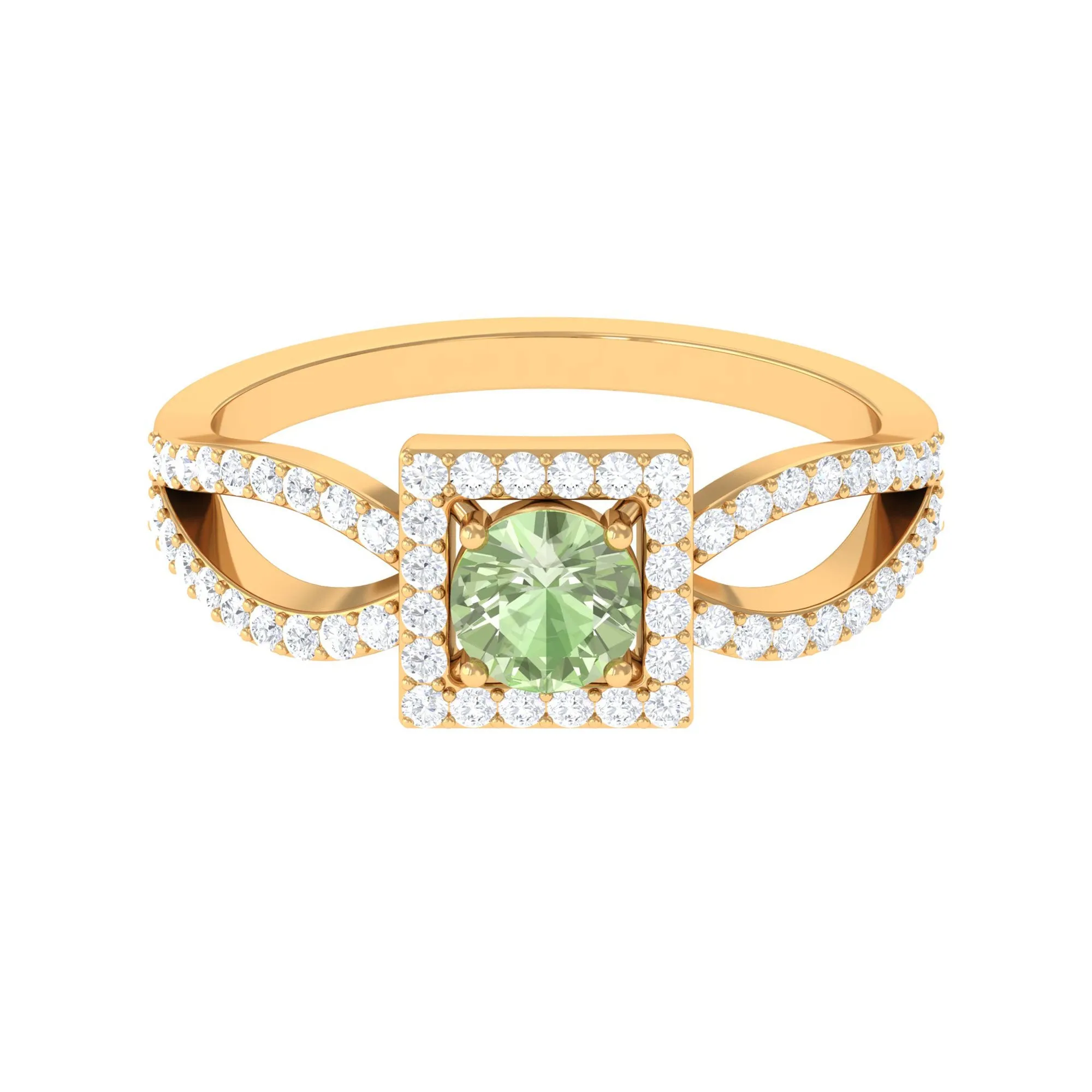 Round Green Sapphire and Diamond Halo Ring in Split Shank