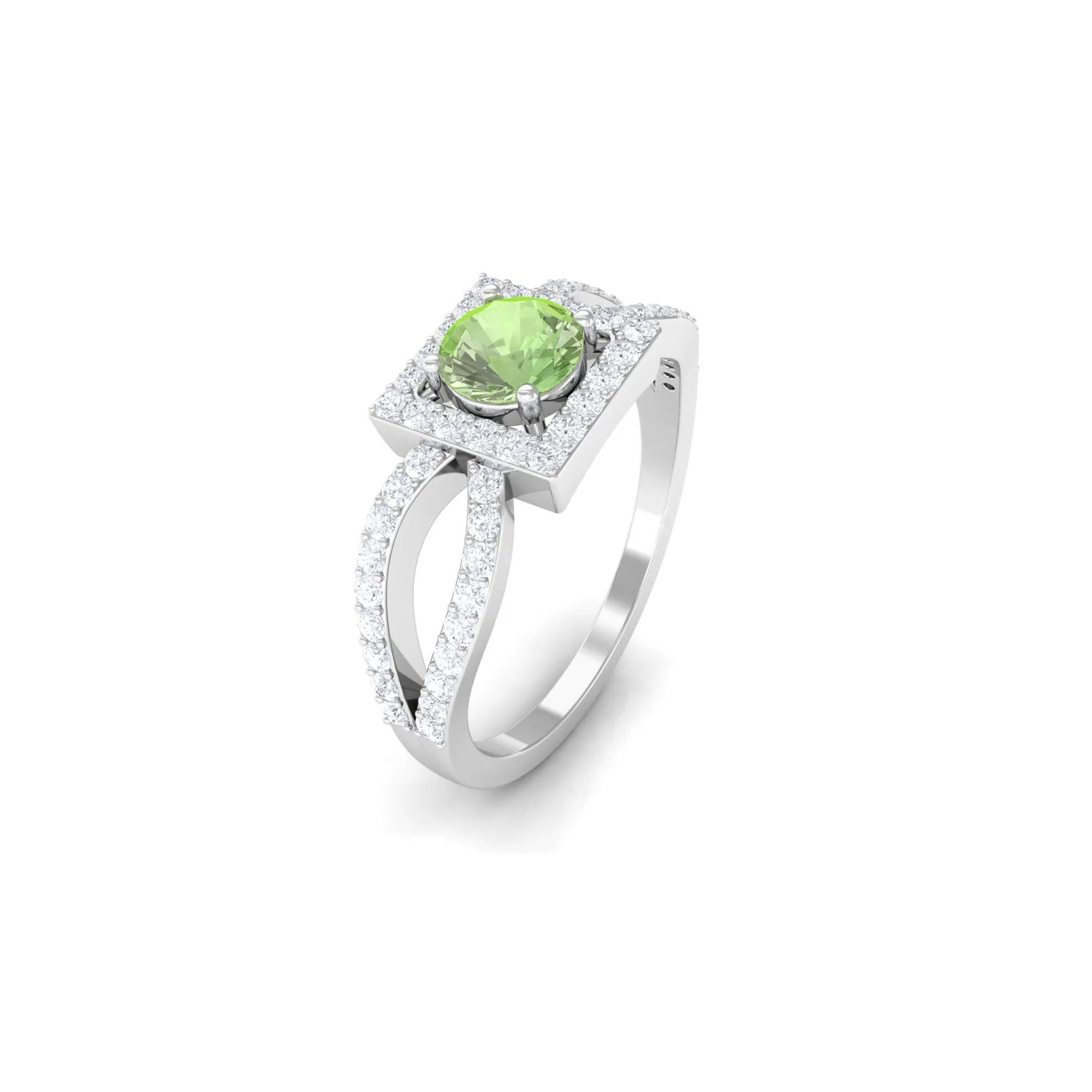 Round Green Sapphire and Diamond Halo Ring in Split Shank