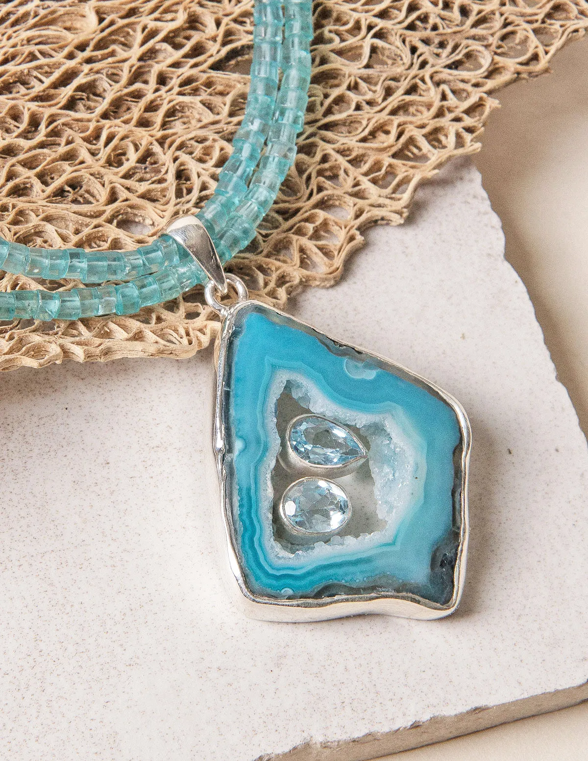 Seafoam Agate Geode Pendant on Aquamarine Beaded Necklace - One of a Kind