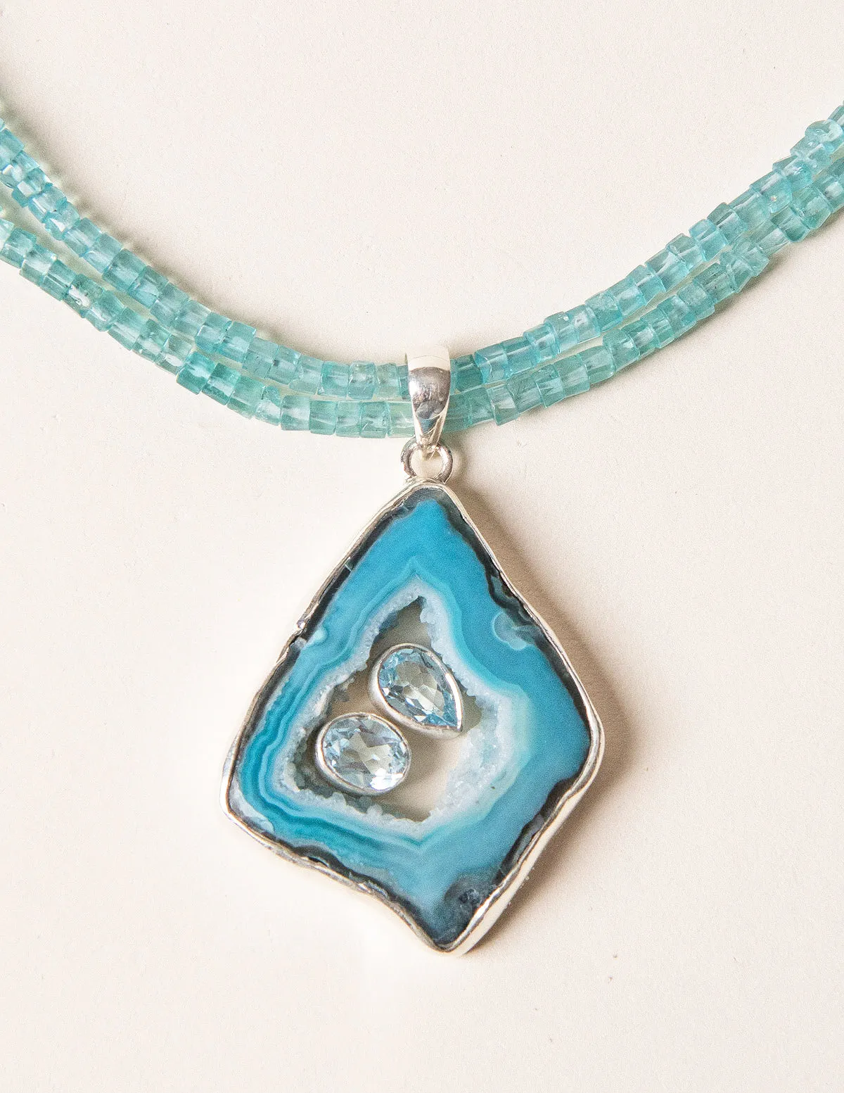 Seafoam Agate Geode Pendant on Aquamarine Beaded Necklace - One of a Kind