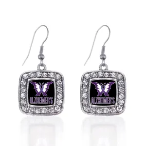 Silver Alzheimers Awareness Square Charm Dangle Earrings