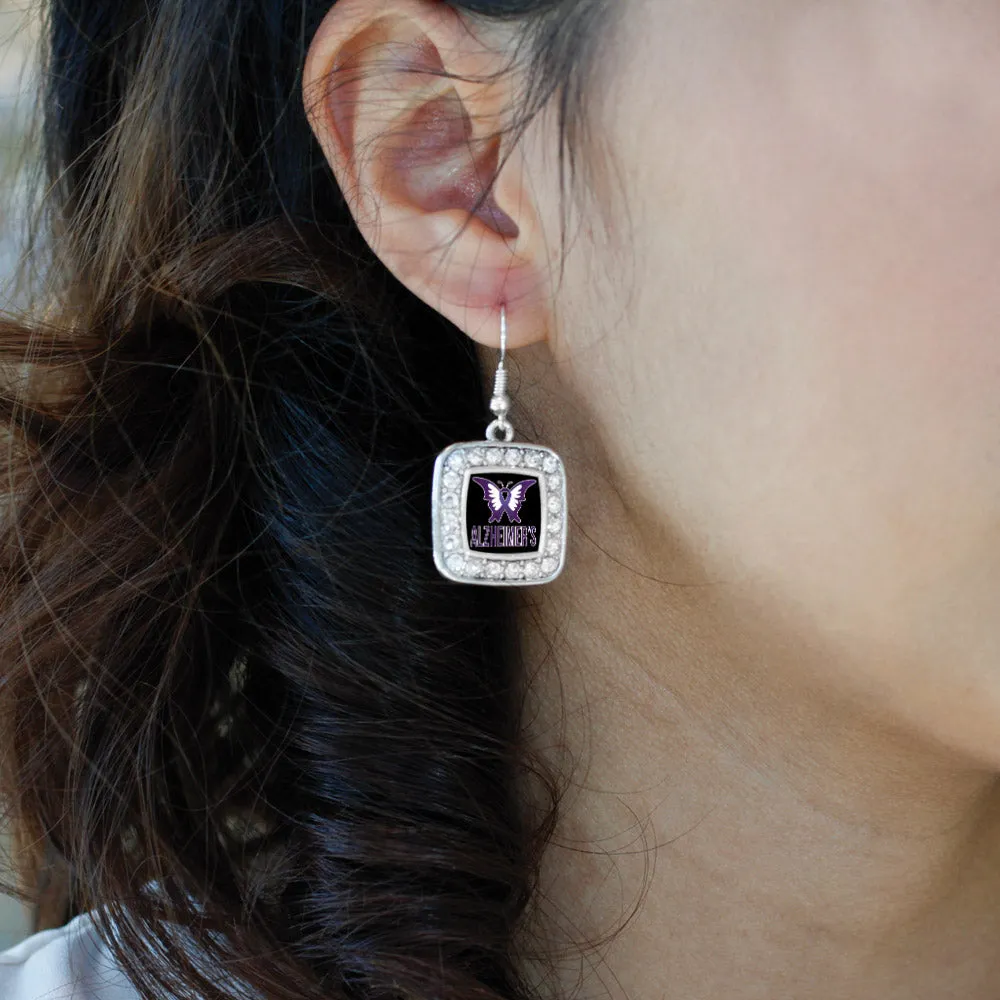 Silver Alzheimers Awareness Square Charm Dangle Earrings