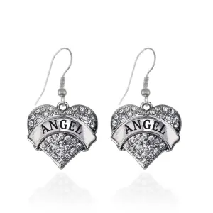 Silver Angel Pave Heart Charm Dangle Earrings