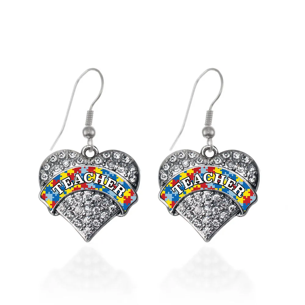 Silver Autism Teacher Pave Heart Charm Dangle Earrings