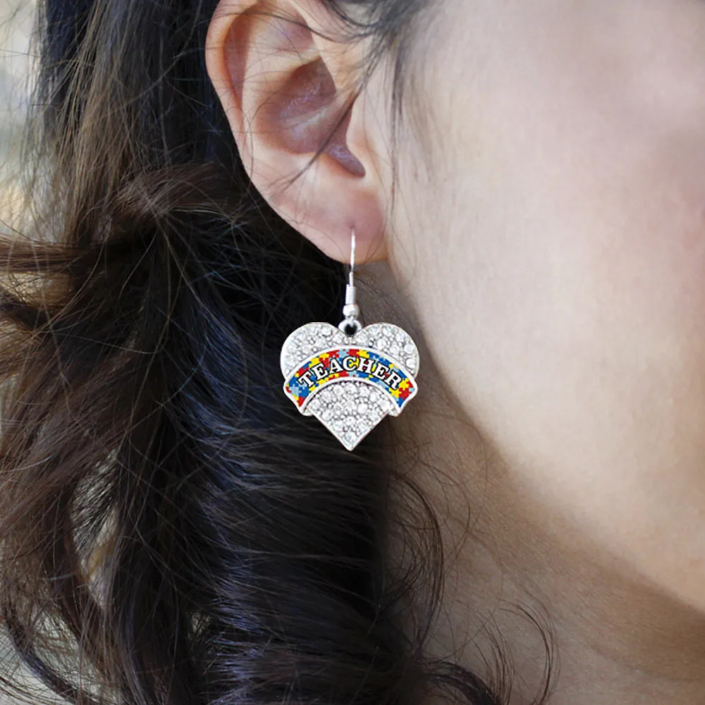 Silver Autism Teacher Pave Heart Charm Dangle Earrings