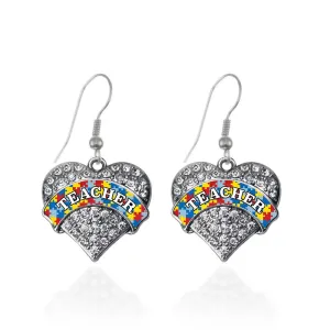 Silver Autism Teacher Pave Heart Charm Dangle Earrings