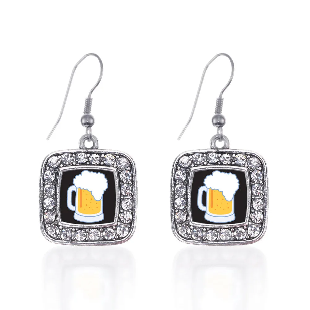 Silver Beer Lovers Square Charm Dangle Earrings