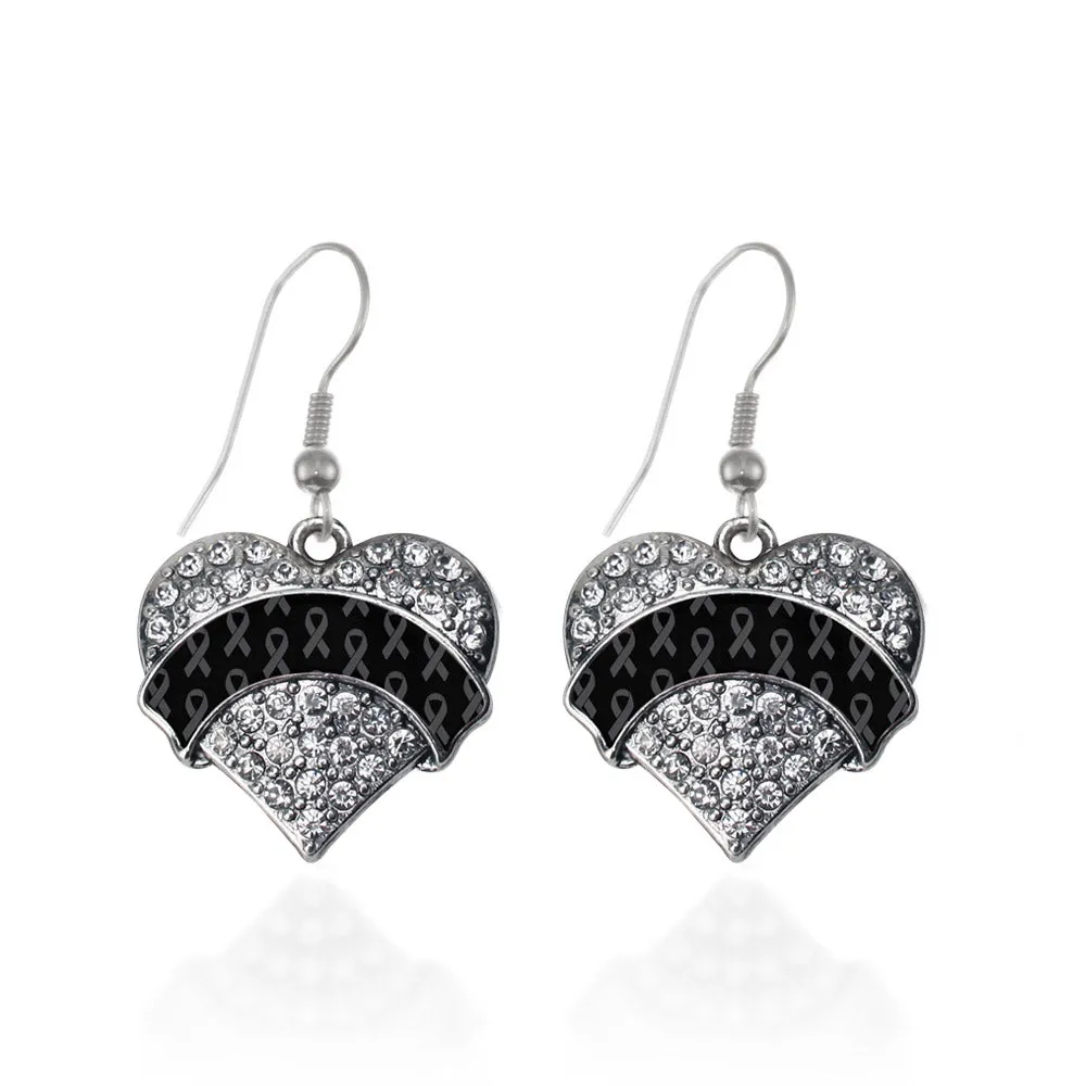 Silver Black Ribbon Support Pave Heart Charm Dangle Earrings