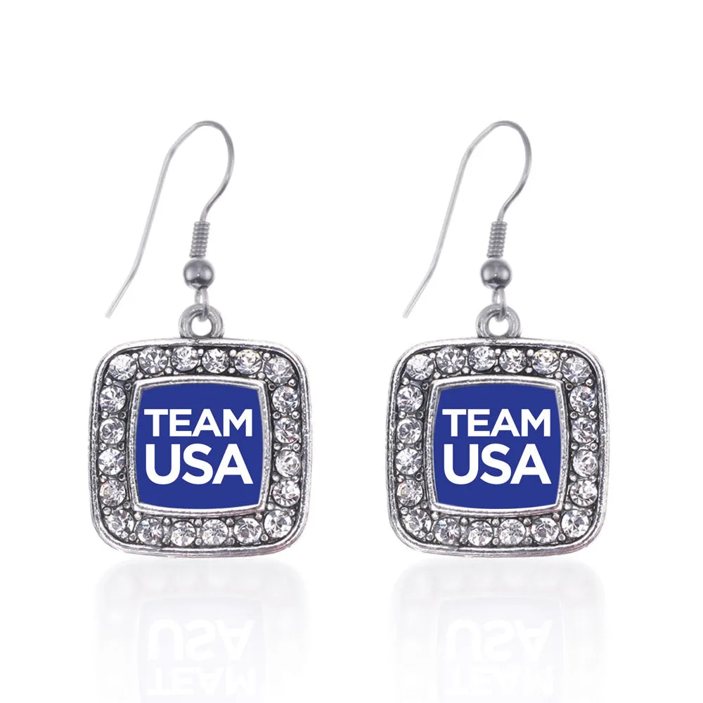 Silver Blue Banner Team USA Square Charm Dangle Earrings