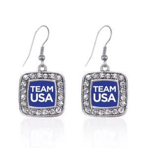 Silver Blue Banner Team USA Square Charm Dangle Earrings