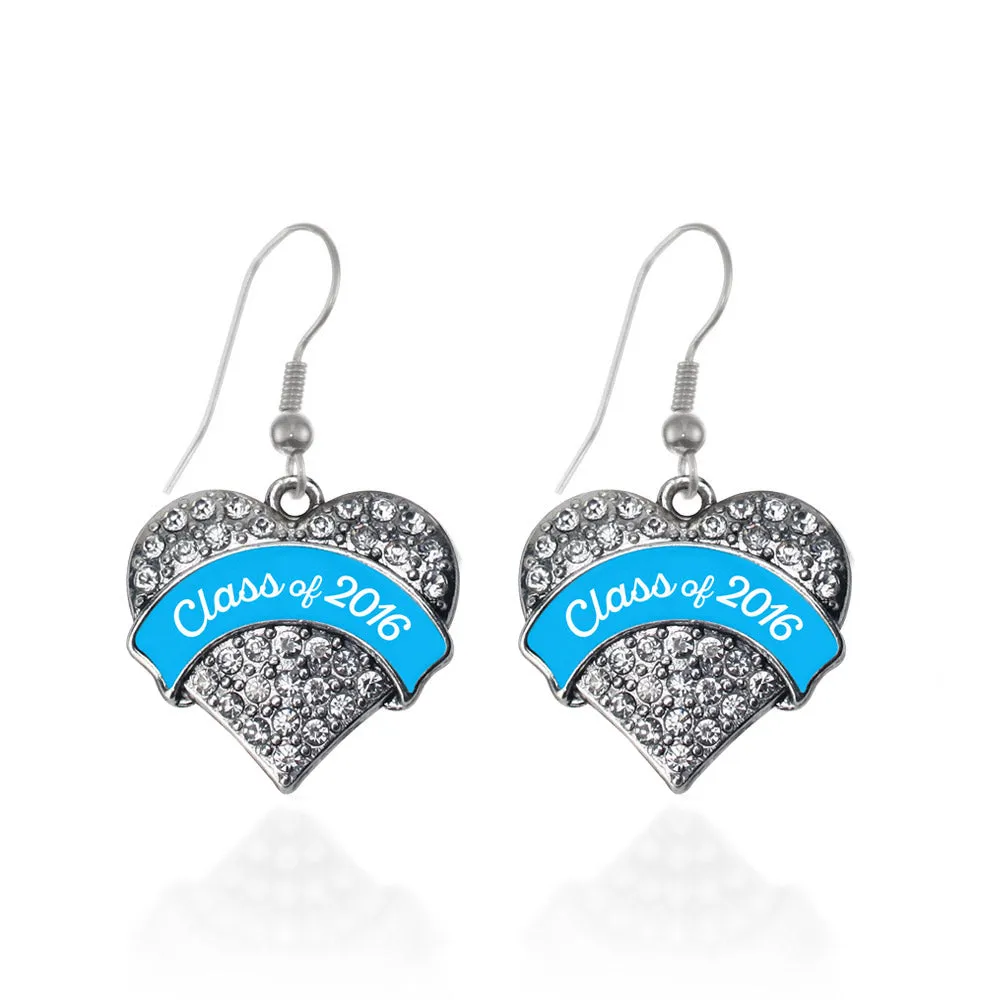 Silver Blue Class of 2016 Pave Heart Charm Dangle Earrings