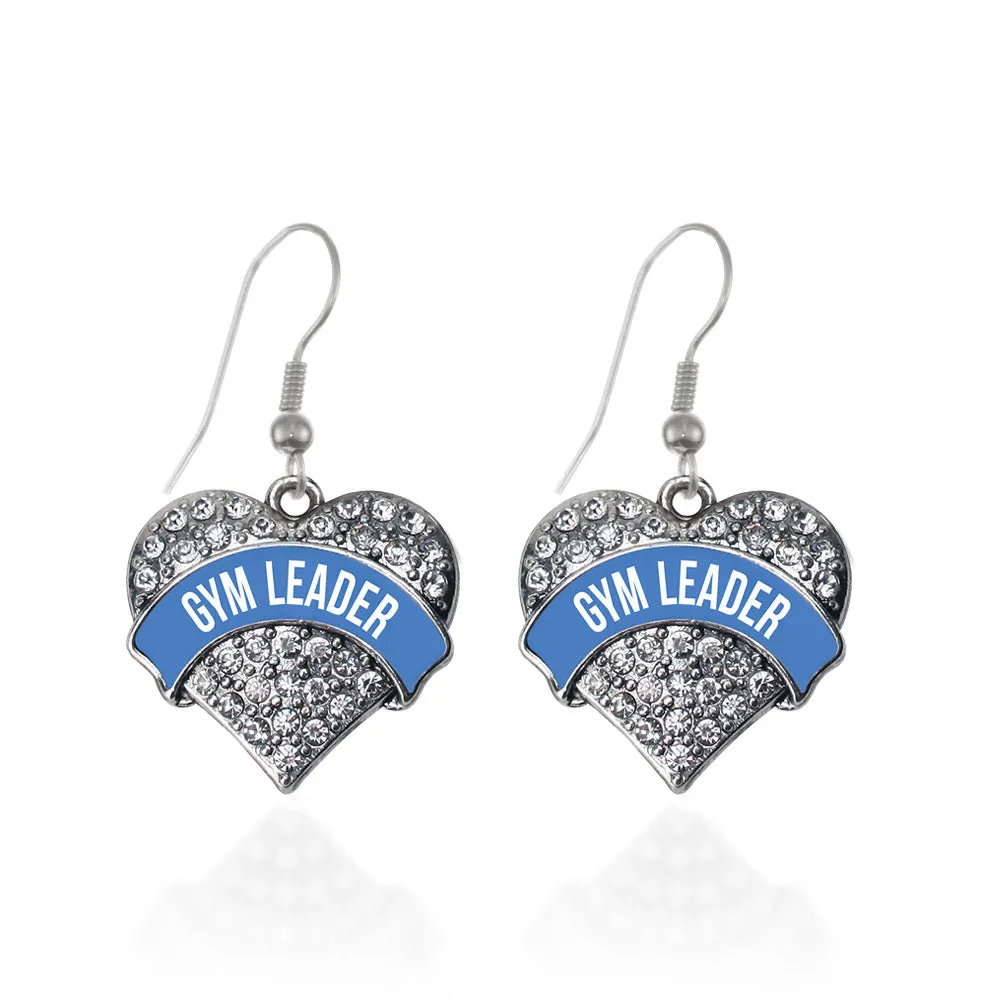 Silver Blue Gym Leader Pave Heart Charm Dangle Earrings