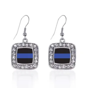 Silver Blue Line Law Enforcement Support Square Charm Dangle Earrings