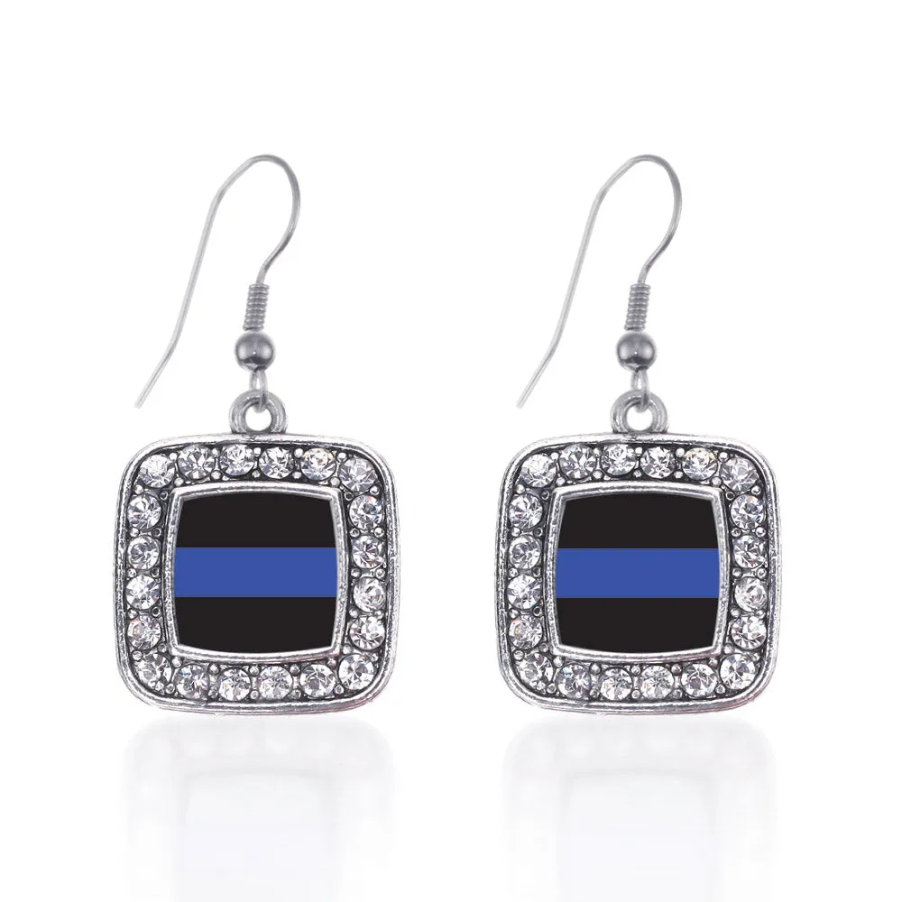 Silver Blue Line Law Enforcement Support Square Charm Dangle Earrings