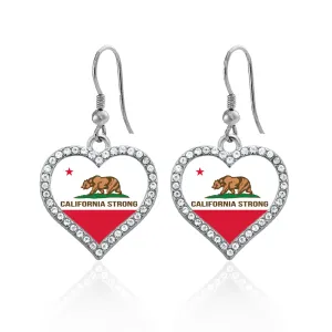 Silver California Strong Flag Open Heart Charm Dangle Earrings