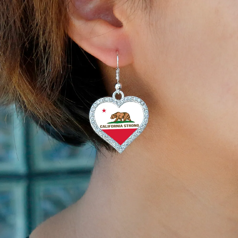 Silver California Strong Flag Open Heart Charm Dangle Earrings