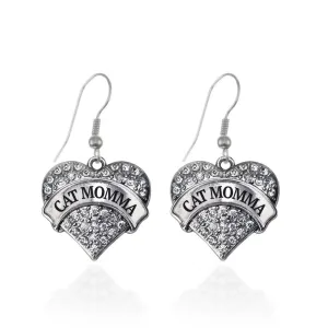 Silver Cat Momma Pave Heart Charm Dangle Earrings