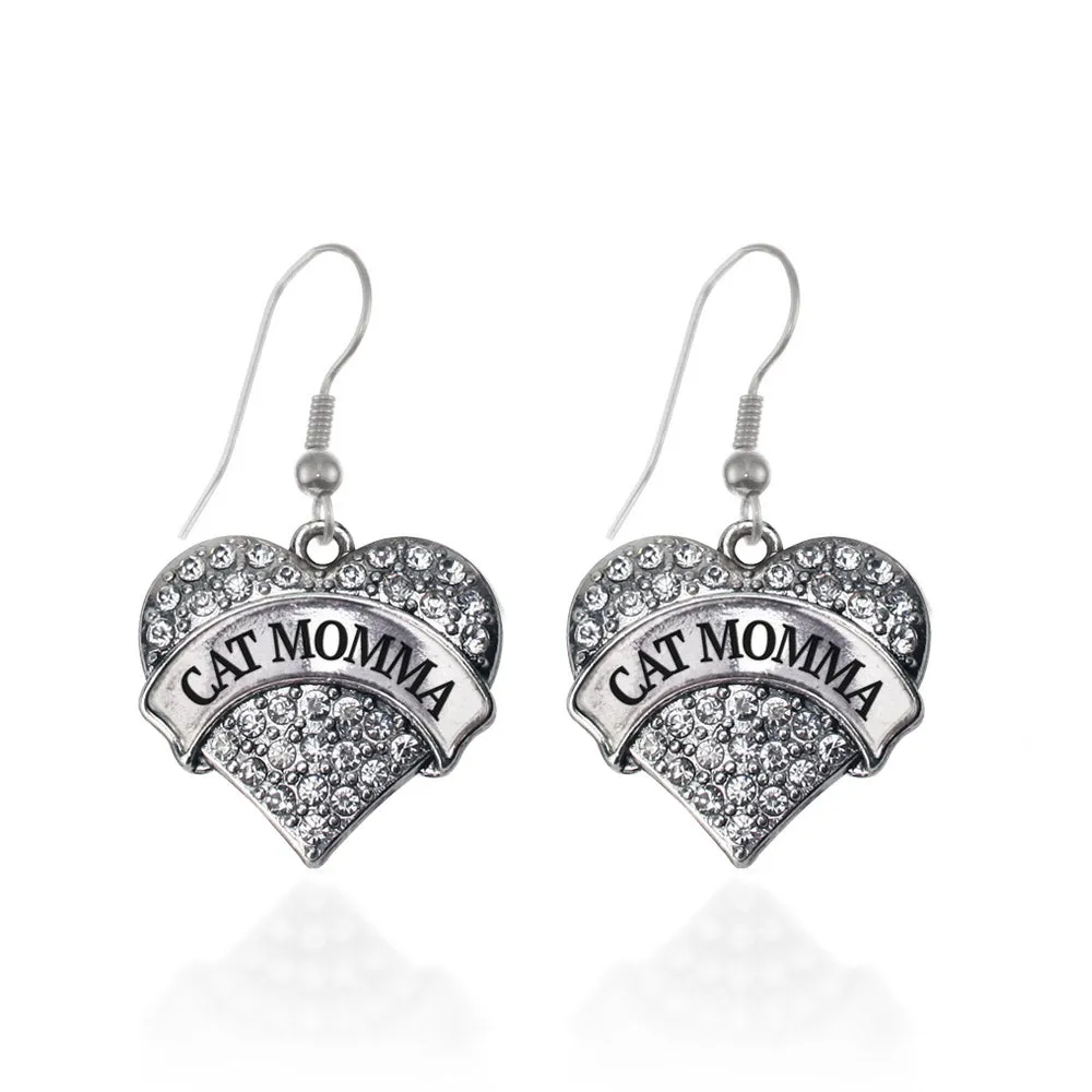 Silver Cat Momma Pave Heart Charm Dangle Earrings