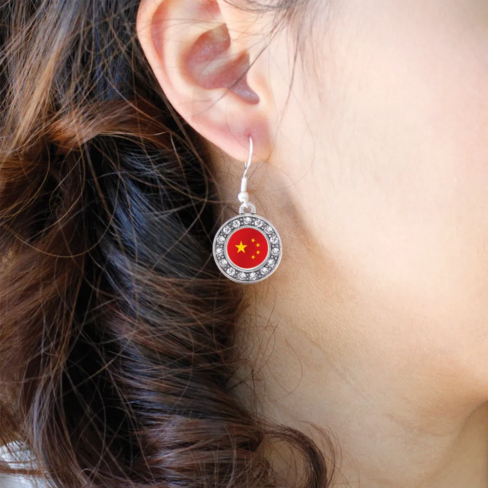 Silver China Flag Circle Charm Dangle Earrings