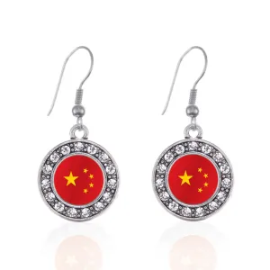 Silver China Flag Circle Charm Dangle Earrings