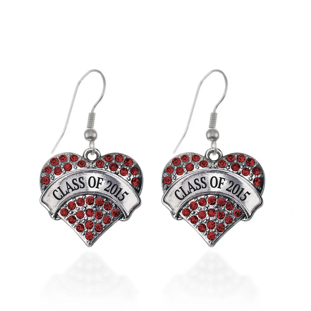 Silver Class of 2015 Red Red Pave Heart Charm Dangle Earrings