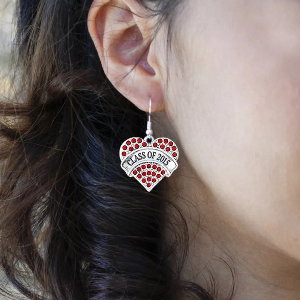 Silver Class of 2015 Red Red Pave Heart Charm Dangle Earrings