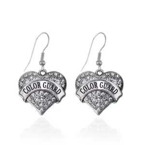 Silver Color Guard Pave Heart Charm Dangle Earrings